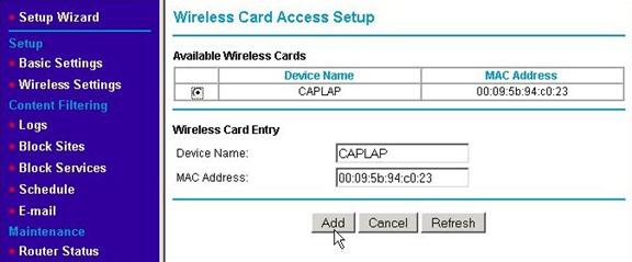 Add a wireless device to the Access Control List