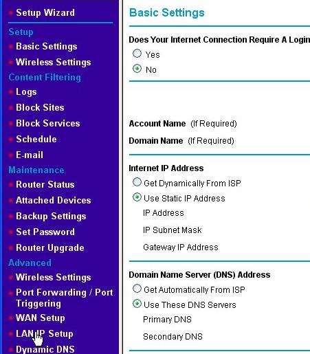 The router's LAN IP Setup page