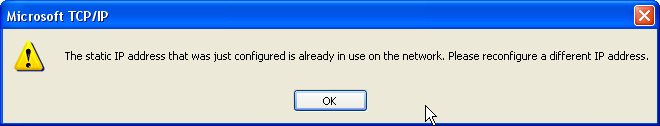 Duplicate IP address dialog box