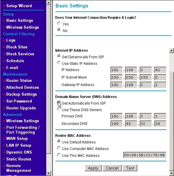 Basic WAN settings page