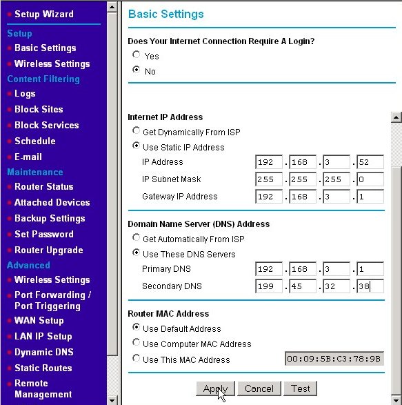 Basic static IP address WAN setup