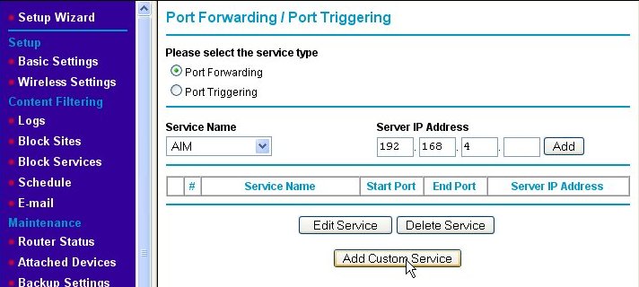 Port forwarding page