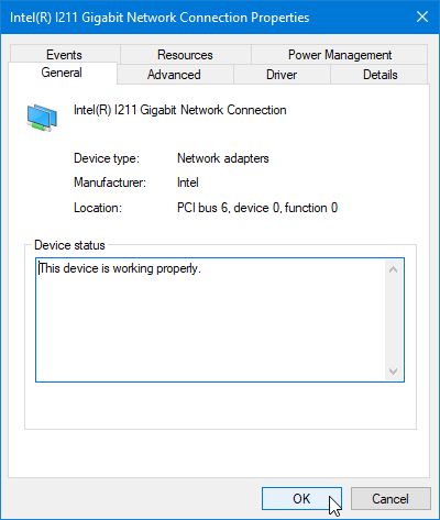 Device Manager window - Network adapter properties